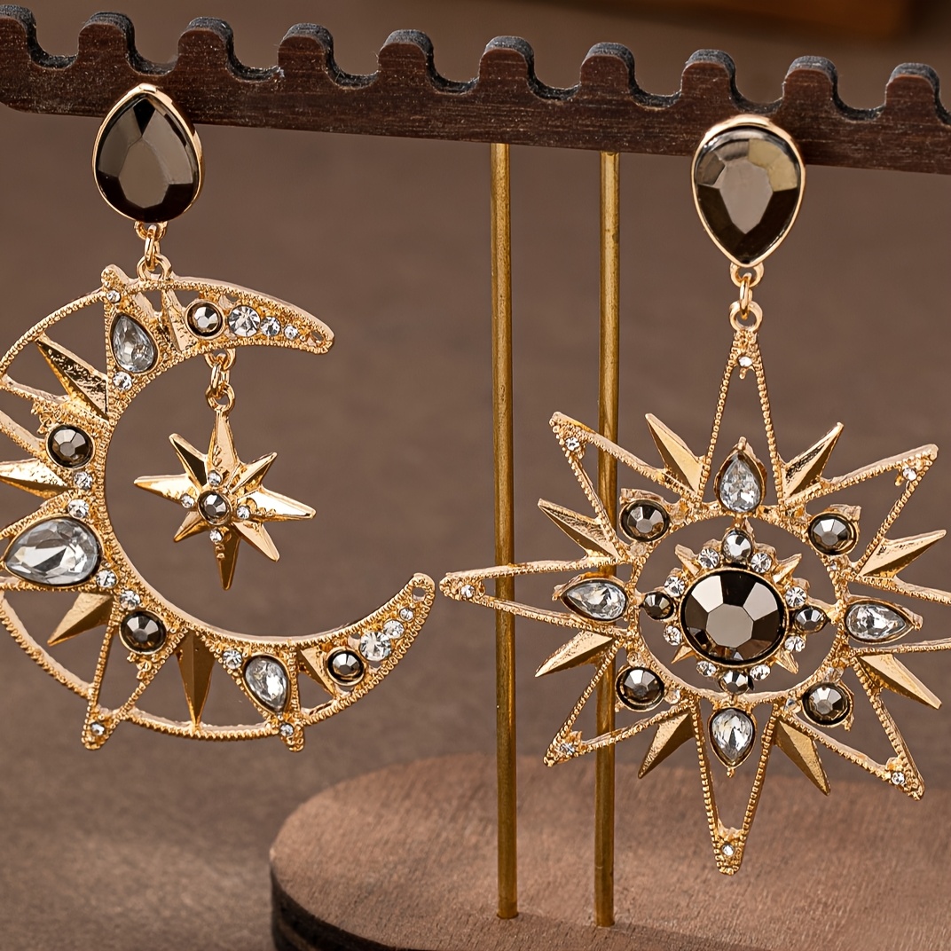 Boho Sun & Moon Dangle Earrings with Rhinestones Golden Tone